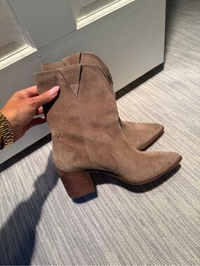 Kaanas Taupe Suede Western-Inspired Ankle Boots